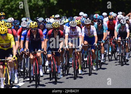 Caracassone, Frankreich. 17.. Juli 2022. Die Gruppe der Fahrer, die während der 15. Etappe des Radrennens der Tour de France, von Rodez nach Carcassonne (200km), Frankreich, am Sonntag, dem 17. Juli 2022, in Aktion gezeigt wurde. Die diesjährige Tour de France findet vom 01. Bis 24. Juli 2022 statt. BELGA FOTO POOL PETE GODING - UK OUT Credit: Belga Nachrichtenagentur/Alamy Live News Stockfoto