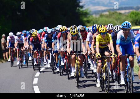 Caracassone, Frankreich. 17.. Juli 2022. Die Gruppe der Fahrer, die während der 15. Etappe des Radrennens der Tour de France, von Rodez nach Carcassonne (200km), Frankreich, am Sonntag, dem 17. Juli 2022, in Aktion gezeigt wurde. Die diesjährige Tour de France findet vom 01. Bis 24. Juli 2022 statt. BELGA FOTO POOL PETE GODING - UK OUT Credit: Belga Nachrichtenagentur/Alamy Live News Stockfoto