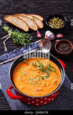 Dicke Süsskartoffelsuppe mit Gemüse in rotem Topf auf dunklem Holztisch mit Kräutern, Pfefferkörnern, Kürbiskernen und Roggenbrotscheiben, vertikal Vie Stockfoto