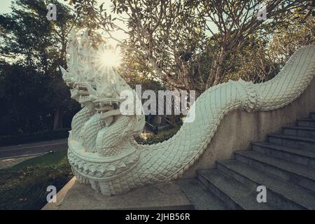 Eine Statue einer Thailand weißen Schlange Treppen blauen Himmel / König von Nagas Stockfoto