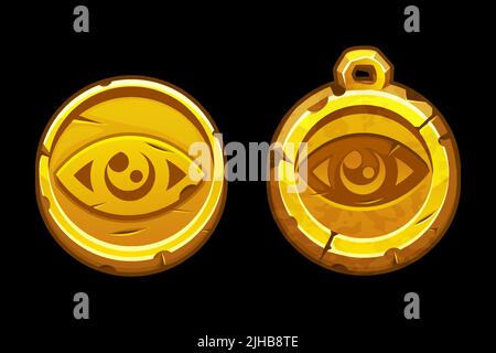 Goldene Münze und Amulett mit dem Allsehenden Auge. Ägyptisches All-Seeing-Auge, Freimaurersymbol der Freimaurerei Stock Vektor