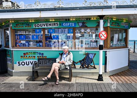 Brighton UK 17. July 2022 - Zeit für ein ruhiges Sitzen, während die Massen die Sonne in Brighton genießen, da für die nächsten zwei Tage im ganzen Land eine extreme rote Wetterwarnung ausgegeben wurde : Credit Simon Dack / Alamy Live News Stockfoto