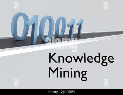 3D Illustration des Knowledge Mining-Textes unter einem Förderband mit binären Zahlen, bestehend aus den Ziffern 1 und 0. Stockfoto