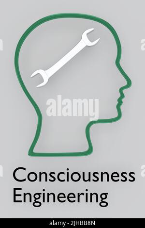 3D Darstellung der Kopfsilhouette mit einem Schraubenschlüssel mit der Schrift Consciousness Engineering, isoliert auf grauem Hintergrund. Stockfoto