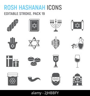 Rosh Hashanah Glyphen Icon Set, hanukkah Collection, Vektorgrafiken, Logo-Illustrationen, Rosh Hashanah Vektor-Icons, jüdische Zeichen, solide Piktogramme, editierbare Kontur Stock Vektor