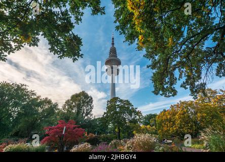 City Park Planten un Blomen im Herbst. Anzeigen von Heinrich Hertz Turm ist radio Telecommunication Tower in Hamburg. Deutschland Stockfoto