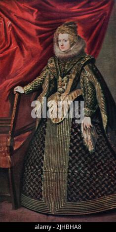 Maria Anna von Spanien, 1606 – 1646. Heilige Römische Kaiserin und Königin von Ungarn und Böhmen durch Heirat mit Ferdinand III., dem Heiligen Römischen Kaiser. Nach dem Epainting durch Velazquez. Aus Modes and Manners, veröffentlicht 1935. Stockfoto