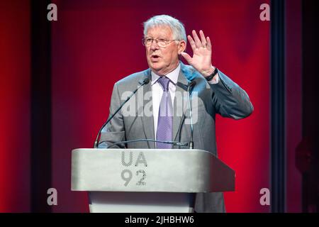 Abschlussfeier um UA92 Uhr, Manchester - 10.. Juli 2022. Sir Alex Ferguson Stockfoto