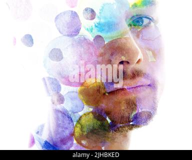 Paintographie. Abstrakte bunte Malerei kombiniert mit einem Porträt Stockfoto