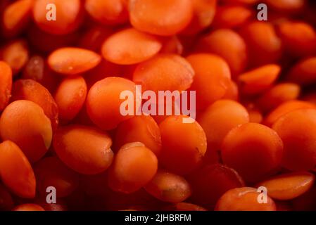 Trockene rote Linsen ganz in der Nähe. Rote Linsen-Grütze. Getrocknete Orangenlinsenkörner, Stapel Daal, roher Daal, Dhal, masur, Linsenculinaris oder Linsenesculenta. Stockfoto