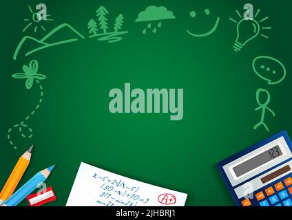 Back to School Bannerkonzept. Klassische Tafel und Kreide handgezeichnete Typografie. Isolierte abstrakte Grafik-Design-Vorlage. Niedlicher Bilderrahmen. Edu Stock Vektor
