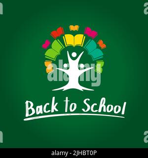 Back to School Tree Icon mit farbigen Büchern und handschriftlichen Text auf grüner Tafel. Logo-Konzept für den Bildungsbereich. Isoliertes abstraktes Grafikdesign Stock Vektor