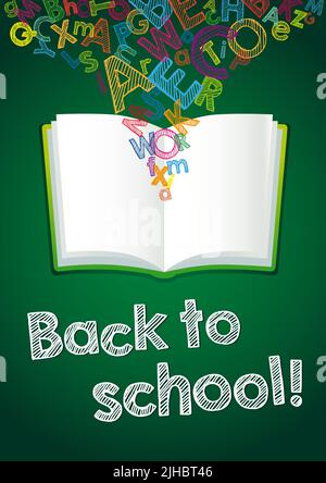 Back to School-Buchbanner. Offenes Buch mit fliegenden ABC-Buchstaben, kreativer Hintergrund. 3D-Stil. Beispielort für die Einladung oder das Glückwunschschreiben von Text. Isol Stock Vektor