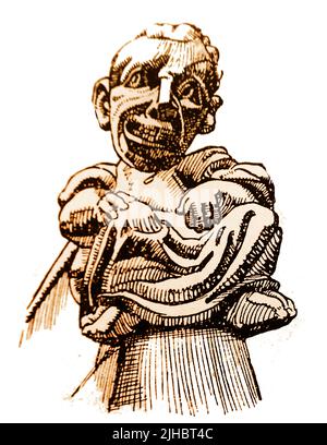LINCOLN, LINCOLNSHIRE, ENGLAND - Eine Skizze der 30er Jahre einer grotesken Chimäre-Figur in mittelalterlicher Kleidung (Toga) auf der Lincoln Cathedral, England. Stockfoto
