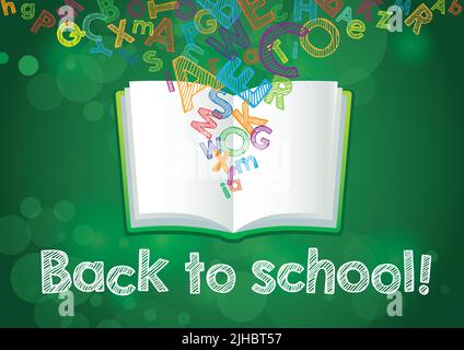 Back to School-Buchbanner. Offenes Buch mit fliegenden ABC-Buchstaben, kreativer Hintergrund. 3D-Stil. Beispielort für die Einladung oder das Glückwunschschreiben von Text. Isol Stock Vektor