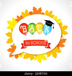 Back to School Schriftzug, orange Ahornblätter und Luftballons, Sprechblase. Vektor Schule Hintergrund mit handgezeichneten Text Stil. Isolierter abstrakter Grap Stock Vektor