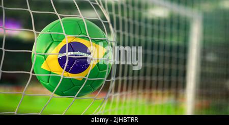 Fußball mit Flagge Brasiliens im Tornetz des Fußballstadions. Fußball-Meisterschaft von Brasilien Konzept. 3D Abbildung Stockfoto