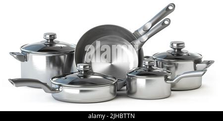 Set aus Töpfen und Pfannen aus Edelstahl, isoliert auf Weiß. 3D Abbildung Stockfoto