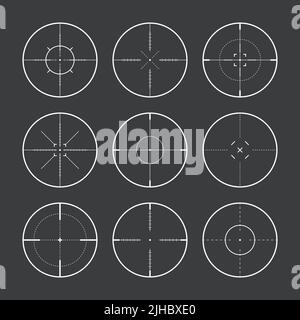 Verschiedene Scharfschützengewehr Visiere, Waffe optischen Scope Fadenkreuz. Sucher für Jagdwaffen. Symbol für das Aufschießzeichen, zielen. Militärisches Zielschild. Spieloberfläche Stock Vektor