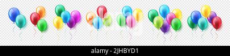 Bunte fliegende Heliumballons mit Band. Geburtstagsfeier. Realistischer Hochglanzballon. Design-Element für Hochzeit oder Jubiläum Gruß Stock Vektor