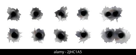 Einschusslöcher von Pistole oder Pistole. Schießen Sie in Metall Einzel-und Doppel-Loch. Beschädigungen und Risse an der Oberfläche. Vektor auf Hintergrund isoliert Stock Vektor