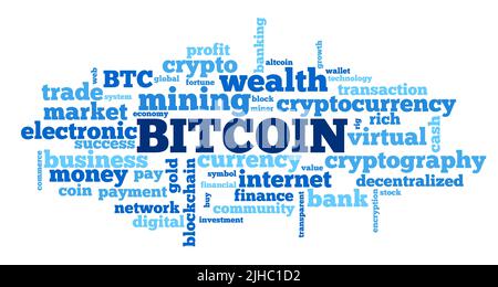 Word Cloud mit Tags im Zusammenhang mit Bitcoin und anderen Altercoins und Kryptowährungen zur Unterstützung dieser Technologie als eine Möglichkeit, Geld zu verdienen Stockfoto