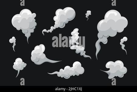 Rauch riecht Wolken in Karikatur. Weißer Nebel isoliert Clipart.Puff von Wind, Dampf, Smog, Staub. Vektorgrafik Stock Vektor