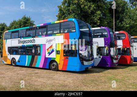 LBGT Pride Stagecoach-Bus bei der Alton Bus Rally und dem Lauftag im Juli 2022, sommerliche Transportveranstaltung im Anstey Park, Alton, Hampshire, England, Großbritannien Stockfoto