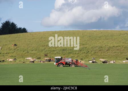 Ein selbstfahrender Feldsprüher, der auf einem Gerstenfeld auf dem Farmland in Aberdeenshire arbeitet Stockfoto