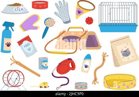 Pflege und Pflege. Haustiergeschäft, Hundehütergeräte. Tierkäfig und -Bett, Nahrung und Leckereien. Isolierte Katzenhunde hamster anständiges Vektor-Zubehör Stock Vektor