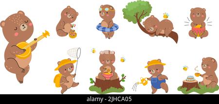 Niedlicher Cartoon-Bär. Emotionen Babybären, Teddy Spielzeug Design verschiedene Posen. Lustige wilde Tier essen Honig, schlafen und Buch lesen, Wald nowaday Vektor Stock Vektor
