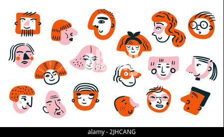 Abstrakte Profilporträts. Moderne Charaktere. Doodle-Avatare. Dekorative Köpfe. Männliche und weibliche Karikaturgesichter. Zeitgenössische Collageskizzen Stock Vektor