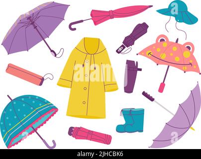 Herbst-Accessoires, Regenschirm und Regenmantel, Herbststiefel. Minimalistischer Sonnenschirm, kreative, geöffnete und geschlossene Schirme. Isolierter saisonaler Schutz Stock Vektor