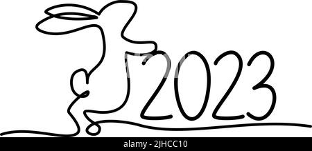 Bunny Symbol des Jahres 2023. Fortlaufende einzeilige Zeichnung. Flauschige Kaninchen Silhouette einfachen linearen Stil für Design Grußkarte Neujahr und Web-Banner. Stock Vektor