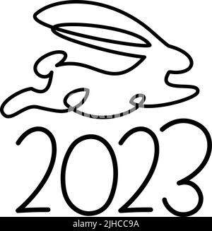 Bunny Symbol des Jahres 2023. Fortlaufende einzeilige Zeichnung. Flauschige Kaninchen Silhouette einfachen linearen Stil für Design Grußkarte Neujahr und Web-Banner. Stock Vektor