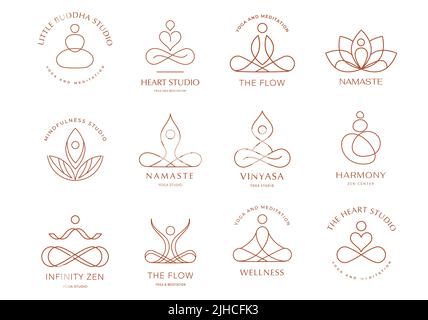 Sammlung von Yoga, Zen und Meditation Logos, lineare Symbole und Elemente. Minimalistische Illustrationen im böhmischen Stil in Pastellfarben Stock Vektor