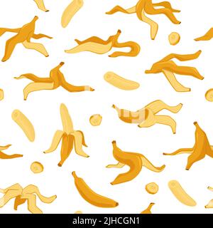 Nahtloses Muster mit Bananenschalen. Gelbe frische Frucht Hintergrund, flache Banane in verschiedenen Positionen, Kohlenhydrat-Süßprodukt. Dekor Textil, Verpackung Stock Vektor