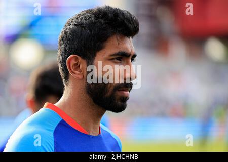 Manchester, Großbritannien. 17.. Juli 2022. Jasprit Bumrah von Indien in Manchester, Vereinigtes Königreich am 7/17/2022. (Foto von Conor Molloy/News Images/Sipa USA) Quelle: SIPA USA/Alamy Live News Stockfoto