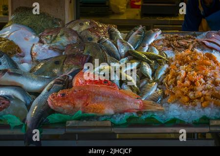 Fisch- und Meeresfrüchte-Ausstellung auf dem berühmten Rialto-Markt (Mercato Rialto) in Venedig, Italien Stockfoto