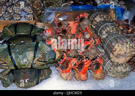 Frische Meeresschnecken, Krabben und Muscheln in einem Marktstand zum Verkauf Stockfoto