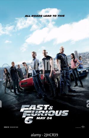 Michelle Rodriguez, Tyrese Gibson, Ludacris, Gal Gadot, Paul Walker, Vin Diesel, Dwayne Johnson & Jordana Brewster Poster Film: Fast & Furious 6 (USA 2013) Charaktere: Letty, Roman Pearce, Tej Parker, Gisele Harabo, Brian O'Conner, Dominic Toretto, Luke Hobbs, Mia Toretto Regie: Justin Lin 07 May 2013 **WARNUNG** Dieses Foto ist nur für redaktionelle Verwendung bestimmt und unterliegt dem Copyright von UNIVERSAL-BILDERN und/oder dem Fotografen, der von der Film- oder Produktionsfirma beauftragt wurde und darf nur von Publikationen im Zusammenhang mit der Bewerbung des oben genannten Films reproduziert werden. Eine obligatorische Gutschrift für UNIVERSAL Stockfoto