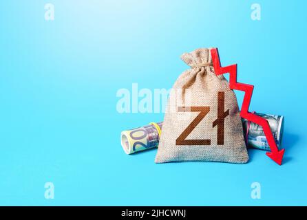 Polnischer Zloty Geldbeutel und Pfeil nach unten. Sinkende Wirtschaftlichkeit. Gewinnrückgang. Senkung des Zinssatzes für Einzahlungen. Inflation. Niedrige Realeinkommen, wirtschaftlich Stockfoto