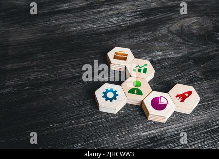 Indikatoren und Attribute der Geschäftstätigkeit. Management und Organisation. Unternehmertum. Günstige Bedingungen für Unternehmenswachstum und Investitionen cli Stockfoto