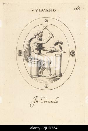 Vulcan, römischer gott des Feuers, der Vulkane und der Metallbearbeitung, der einen Haubenhelm für Achilles oder Aeneas mit Hammer und Zange kreiert. In Karneol. Vulcano. In Corniola. Kupferstich von Giovanni Battista Galestruzzi nach Leonardo Agostini aus Gemmae et Sculpturae Antiquae Depicti ab Leonardo Augustino Senesi, Abraham Blooteling, Amsterdam, 1685. Stockfoto