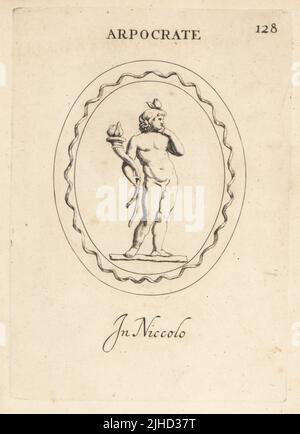 Figur von Harpokrates, altgriechischer gott des Schweigens, der Geheimnisse und der Vertraulichkeit. Mit dem Finger auf die Lippen, mit einem Füllhorn oder einem Füllhorn. In nicolo. Arpocrate. In niccolo. Kupferstich von Giovanni Battista Galestruzzi nach Leonardo Agostini aus Gemmae et Sculpturae Antiquae Depicti ab Leonardo Augustino Senesi, Abraham Blooteling, Amsterdam, 1685. Stockfoto