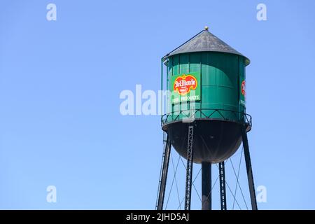 Yakima, WA, USA - 11. Juli 2022; traditioneller grüner Wasserturm mit Schild für die Qualitätsprodukte der Marke Del Monte vor blauem Himmel Stockfoto