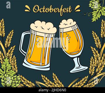 Bierfest Werbeplakat Oktoberfest Vorlage. Vintage-Karte Glas Tasse und Weizen Ohr Hop. Retro-Design Alkohol Bar Handwerk Hintergrund, Brauer Banner Restaurant Menü, Einladung Party Vektor Stock Vektor