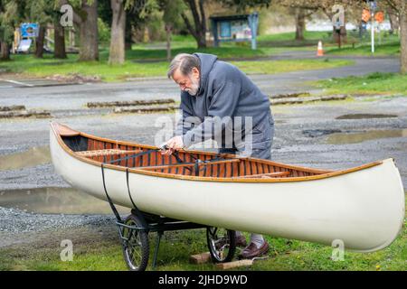 Issaquah, Washington, USA. Mann schnürt sein Kanu auf einen Dolly, um es zum See zu transportieren. (MR) Stockfoto