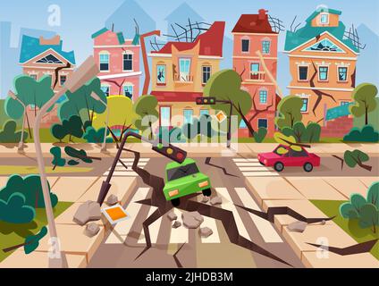 Vektorgrafik: Erdbeben-Unfall in der Stadt. Cartoon Naturkatastrophe Zerstörung von Gebäuden, Straßen und Autos, apokalyptische Stadtbild mit verlassenen Ruinen von gebrochenen Häusern und Konstruktionen Hintergrund Stock Vektor