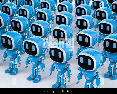 3D Rendering-Gruppe von blauen Roboterassistenten oder Robotern für künstliche Intelligenz Stockfoto